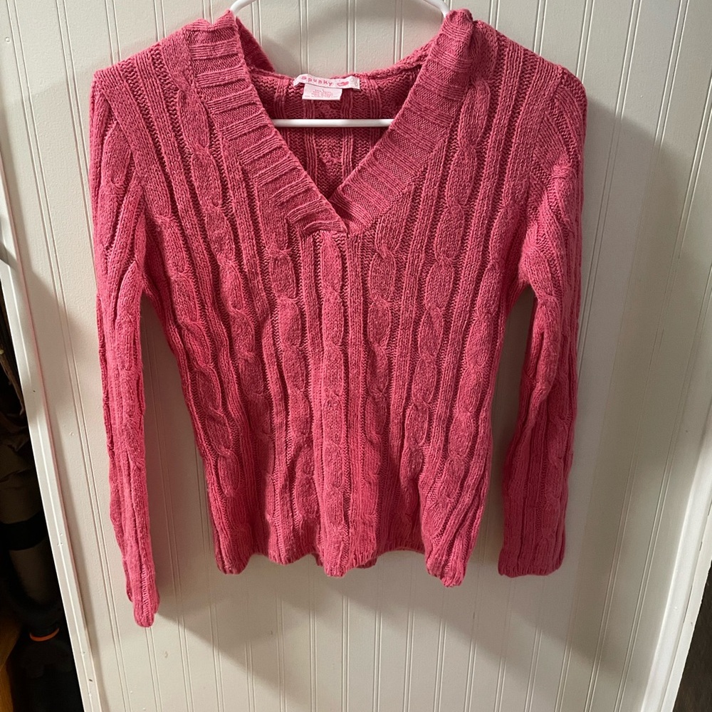 Cozy Pink V-Neck Cable Knit Sweater Kids